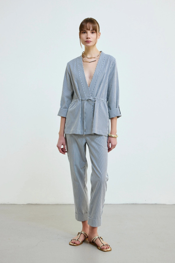 Elastic Waist Striped Pants - Navy - Gusto