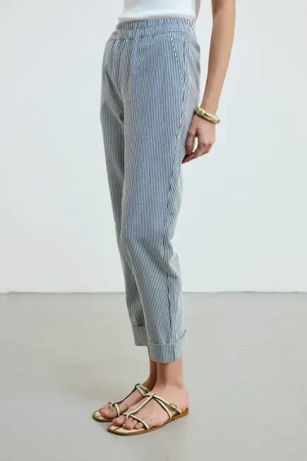 Elastic Waist Striped Pants - Navy Navy Blue