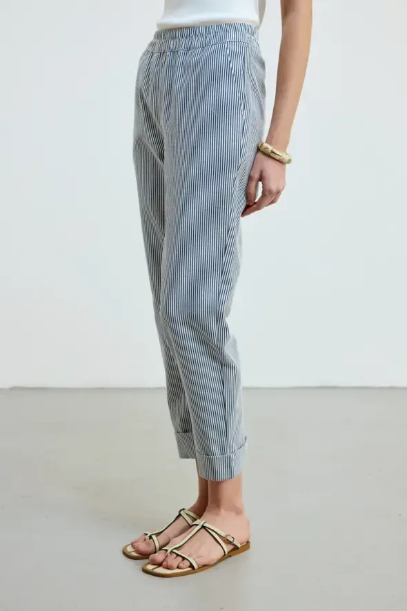 Elastic Waist Striped Pants - Navy - 1
