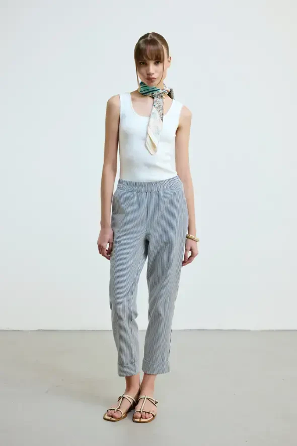 Elastic Waist Striped Pants - Navy - 3