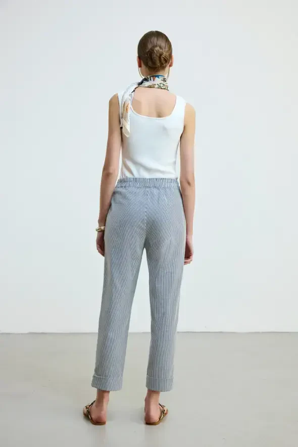 Elastic Waist Striped Pants - Navy - Gusto