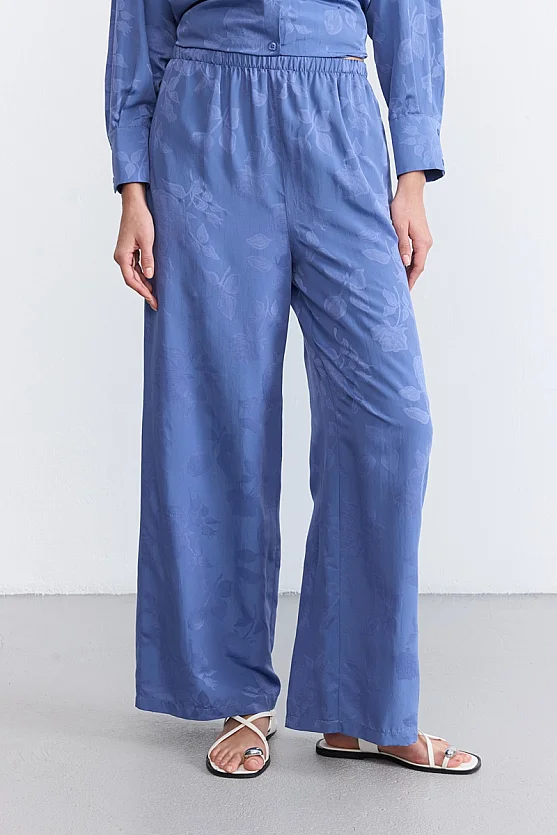 Elastic Waist Tencel Jacquard Trousers - Blue - Gusto