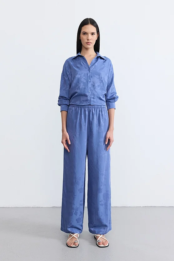 Elastic Waist Tencel Jacquard Trousers - Blue - Gusto