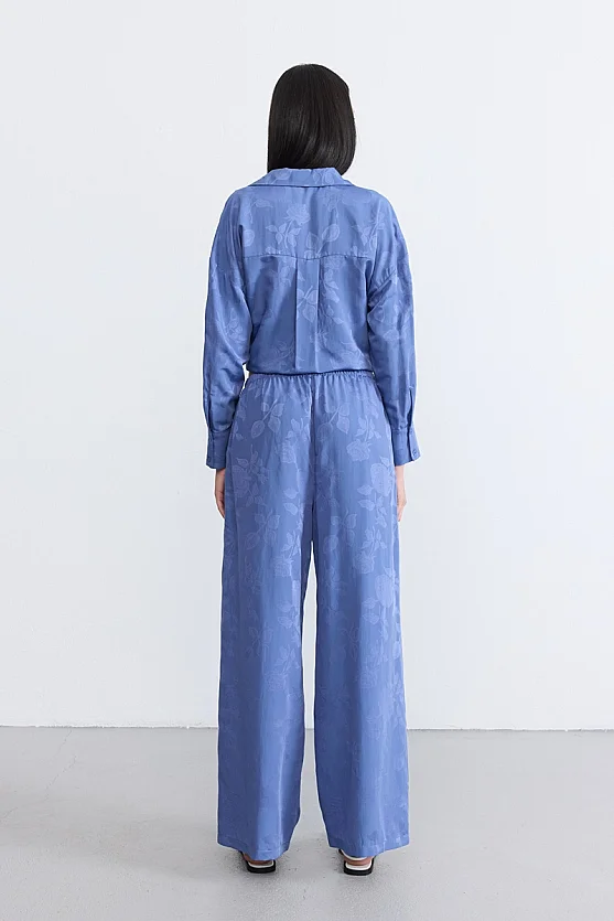 Elastic Waist Tencel Jacquard Trousers - Blue - Gusto