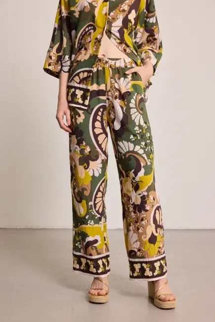 Elastic Waist Viscose Blend Printed Pants - Khaki - Gusto