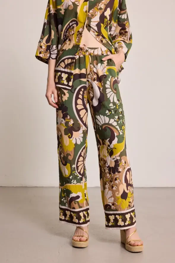 Elastic Waist Viscose Blend Printed Pants - Khaki - 1