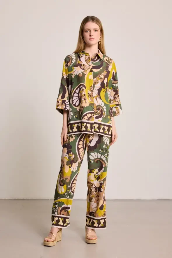 Elastic Waist Viscose Blend Printed Pants - Khaki - 2