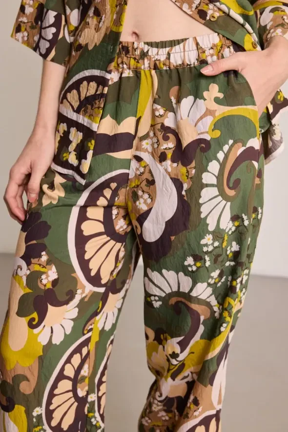 Elastic Waist Viscose Blend Printed Pants - Khaki - 3