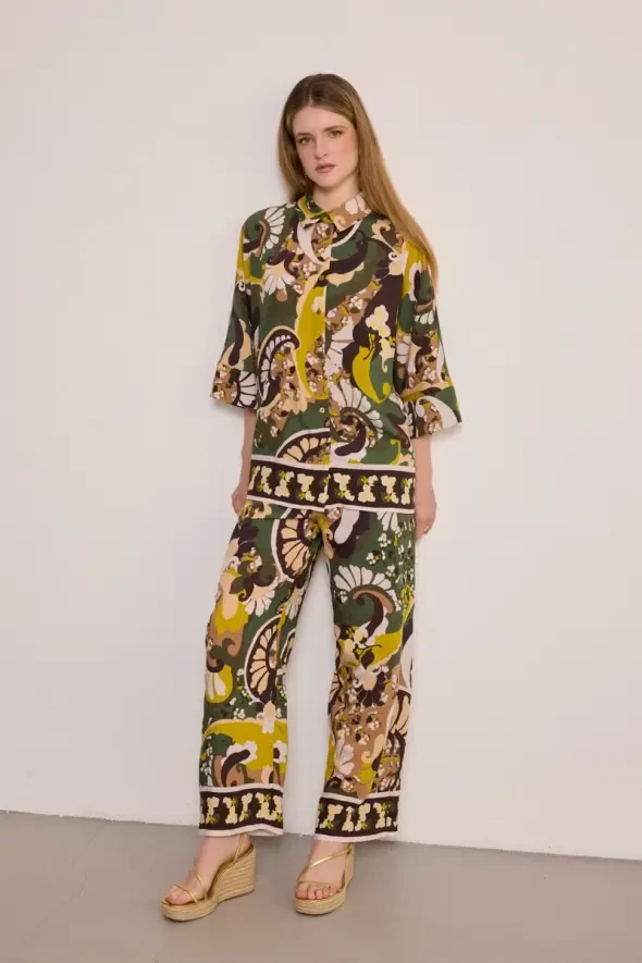 Elastic Waist Viscose Blend Printed Pants - Khaki - 5