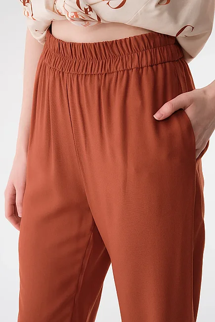 Elastic Waist Viscose Trousers - Brick - 3