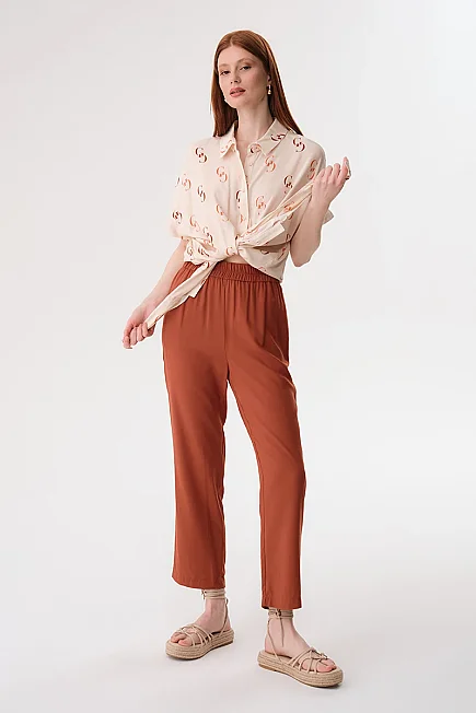 Elastic Waist Viscose Trousers - Brick - 1