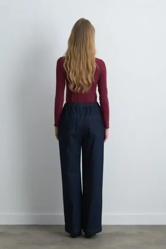 Elastic Waist Wide Leg Denim Pants - Blue - 5