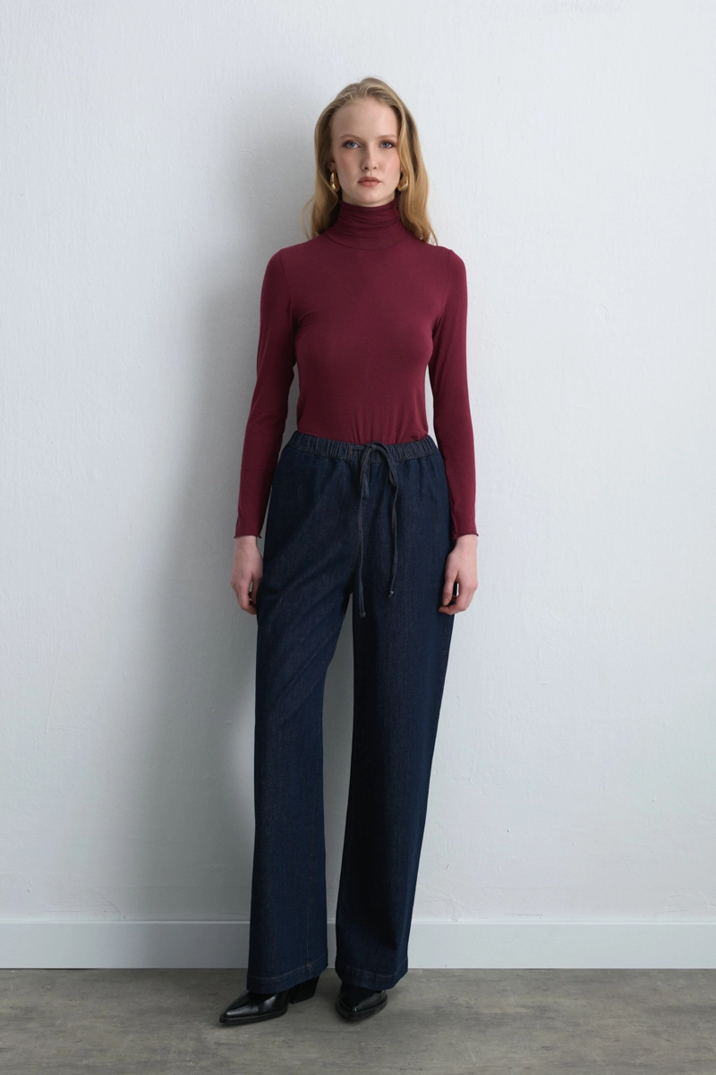 Elastic Waist Wide Leg Denim Pants Blue - Gusto