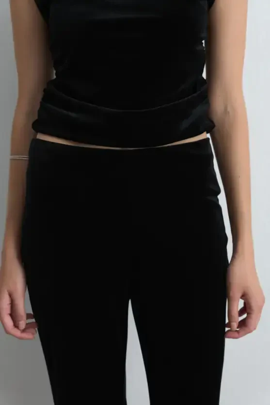 Elastic Waist Wide Leg Velvet Pants - Black - 3
