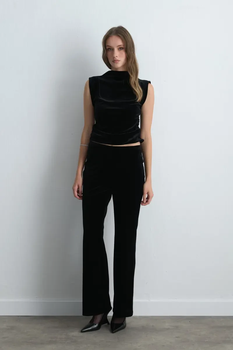 Elastic Waist Wide Leg Velvet Pants - Black - Gusto