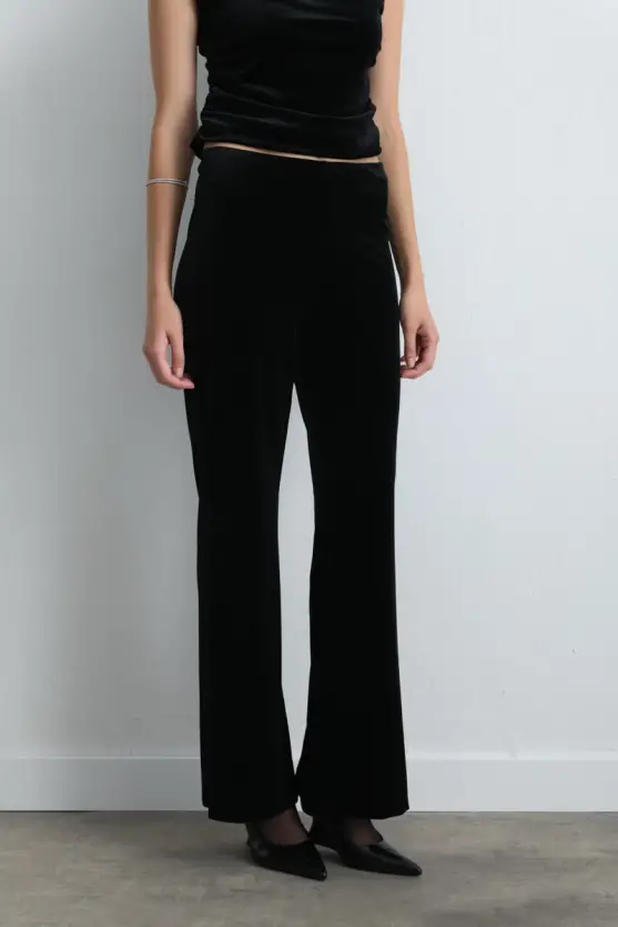Elastic Waist Wide Leg Velvet Pants Black - Gusto