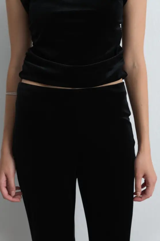 Elastic Waist Wide Leg Velvet Pants Black - 3