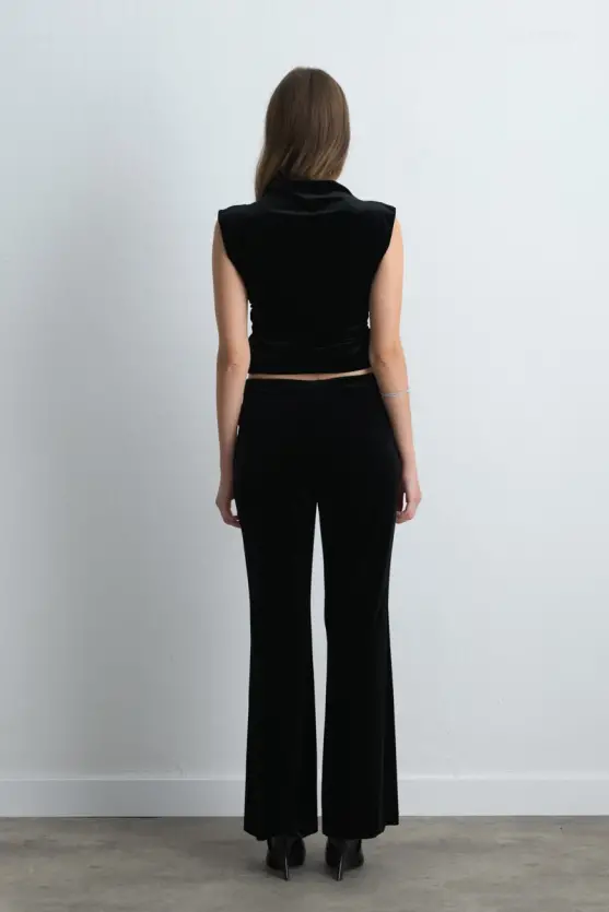 Elastic Waist Wide Leg Velvet Pants Black - 4