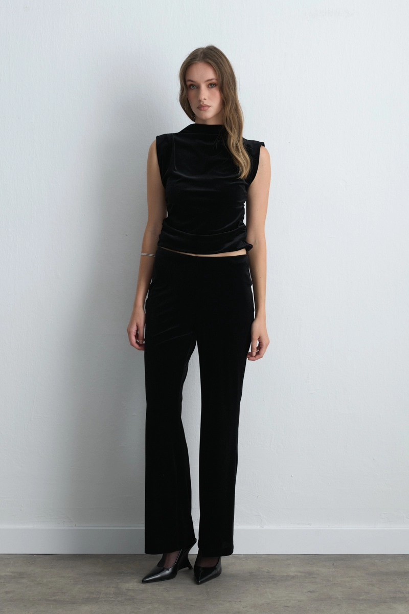 Elastic Waist Wide Leg Velvet Pants Black