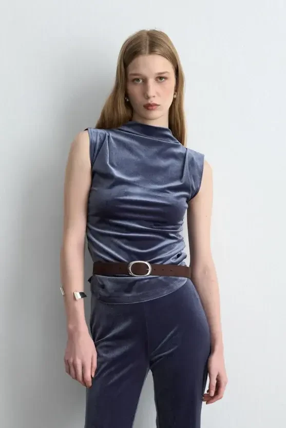 Elastic Waist Wide-Leg Velvet Pants - Gray - Gusto