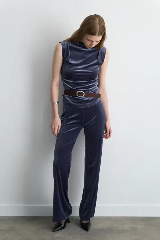 Elastic Waist Wide-Leg Velvet Pants - Gray - 3