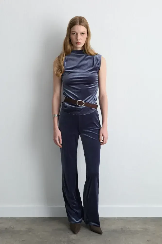 Elastic Waist Wide-Leg Velvet Pants - Gray