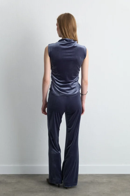 Elastic Waist Wide Leg Velvet Pants Gray - 4