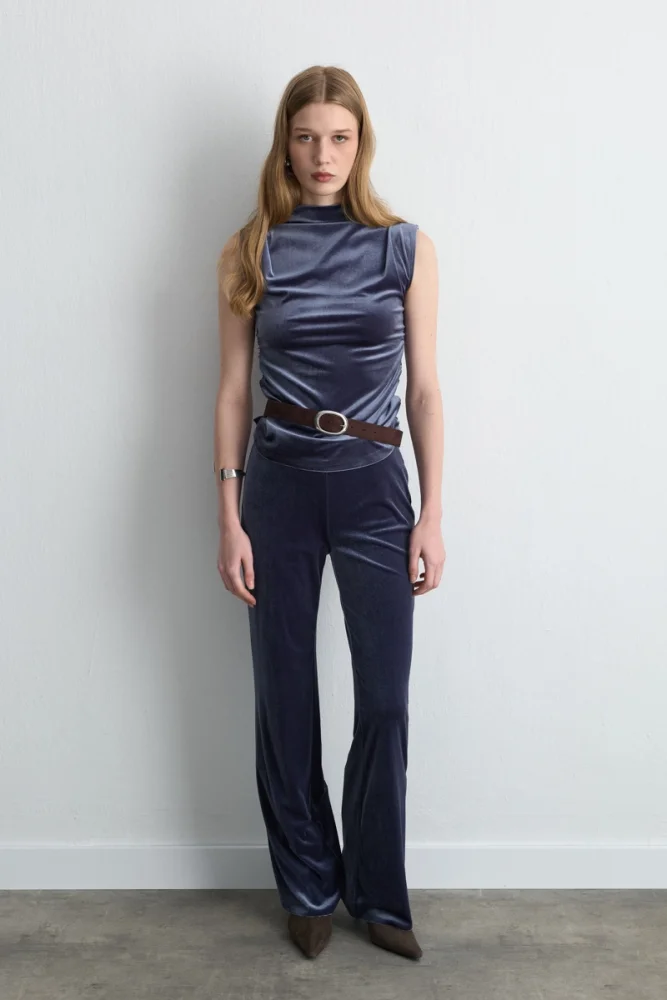 Elastic Waist Wide Leg Velvet Pants Gray