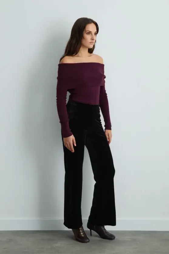 Elastic-Waist Wide-Leg Velvet Pants - Plum - Gusto