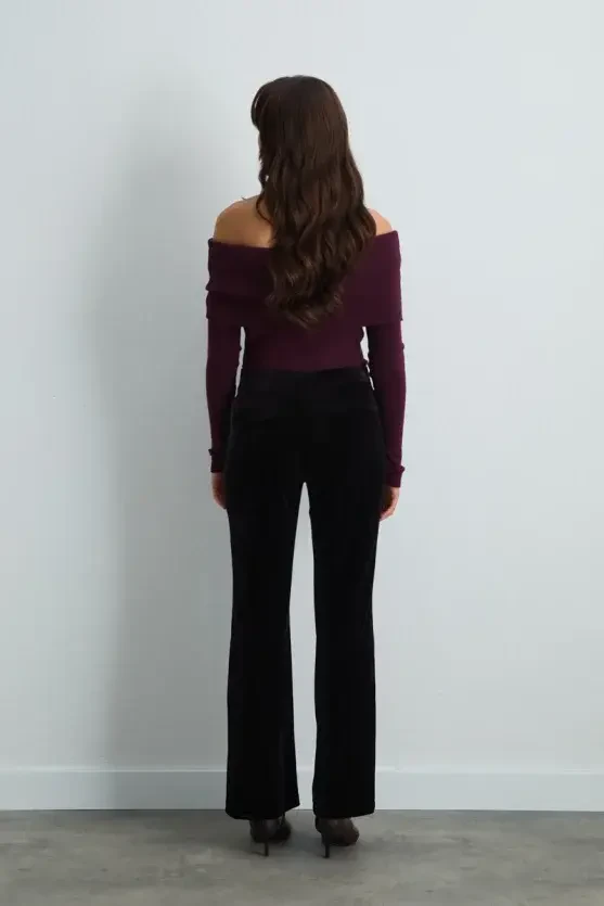 Elastic-Waist Wide-Leg Velvet Pants - Plum - 9