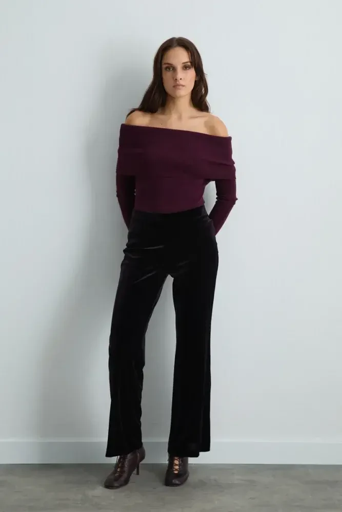 Elastic-Waist Wide-Leg Velvet Pants - Plum