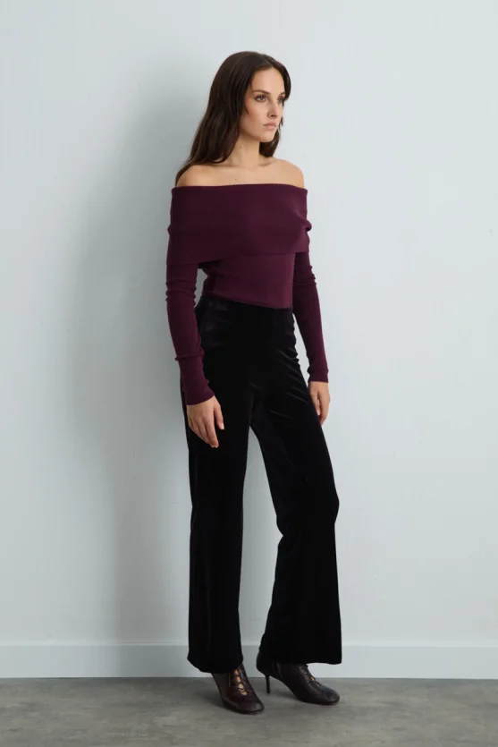 Elastic Waist Wide Leg Velvet Pants Plum - 6