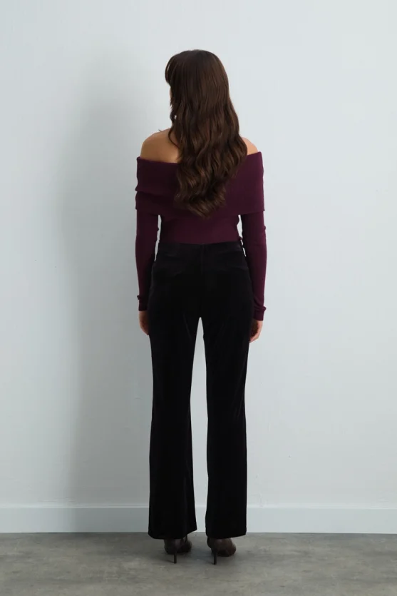 Elastic Waist Wide Leg Velvet Pants Plum - 9