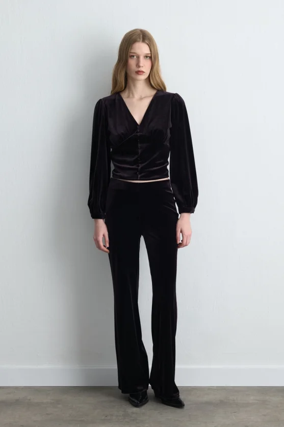 Elastic Waist Wide Leg Velvet Pants Plum - Gusto