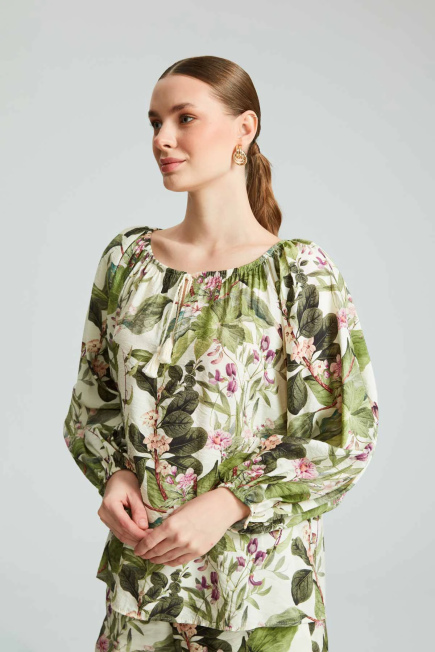 Elasticated Shoulders Patterned Blouse - Green - Gusto