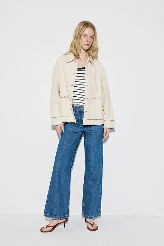 Embroidered Canvas Denim Jacket - Ecru - Gusto