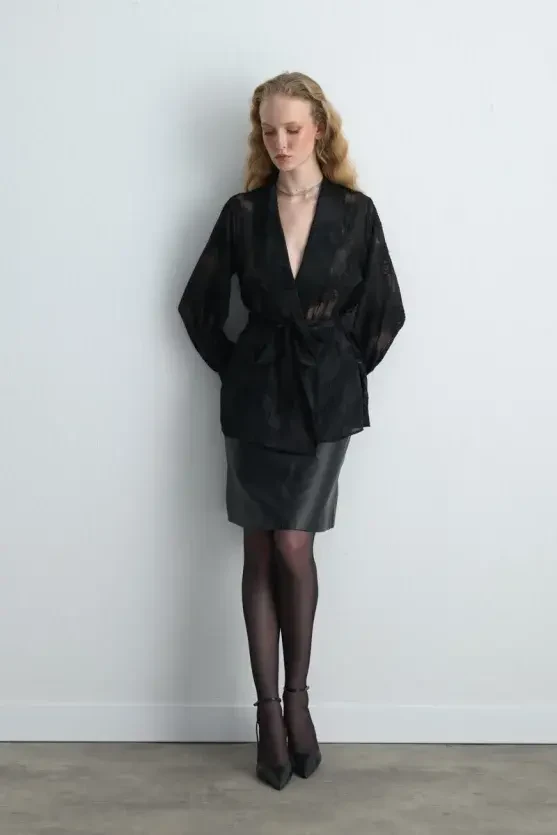 Embroidered Chiffon Jacket - Black - Gusto