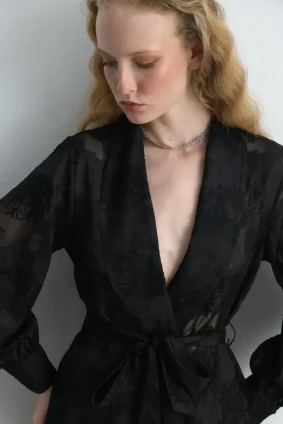 Embroidered Chiffon Jacket - Black - Gusto