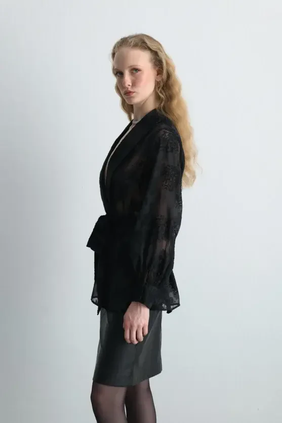 Embroidered Chiffon Jacket - Black - 5