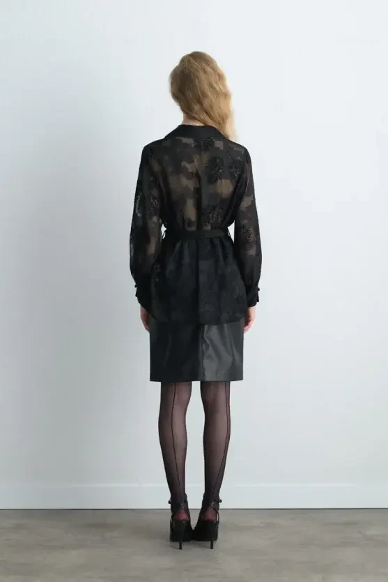 Embroidered Chiffon Jacket - Black - Gusto