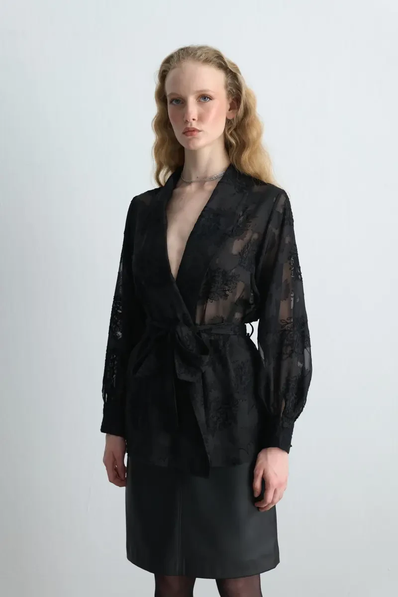 Embroidered Chiffon Jacket - Black Black