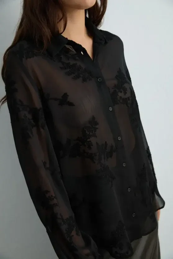 Embroidered Chiffon Shirt - Black - 5