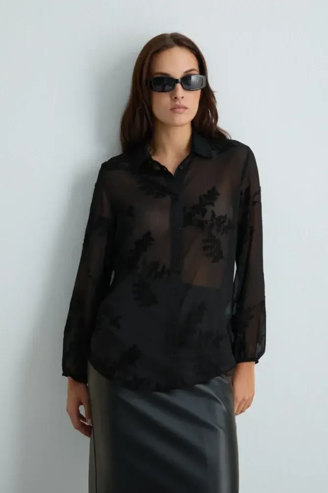 Embroidered Chiffon Shirt - Black Black