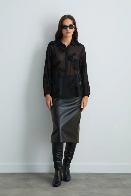 Embroidered Chiffon Shirt Black - 2