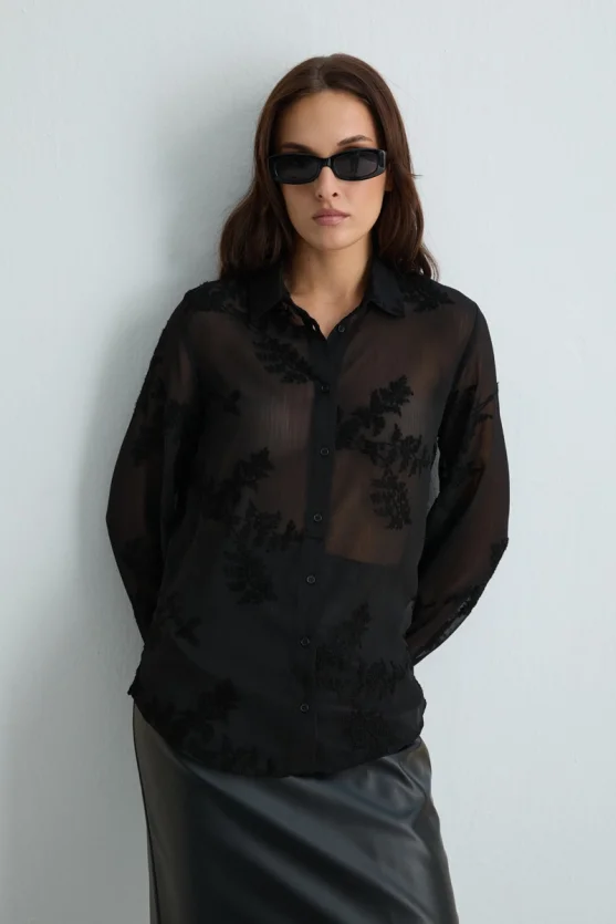 Embroidered Chiffon Shirt Black - Gusto