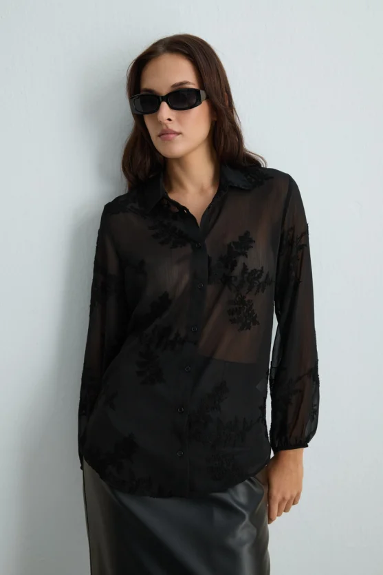 Embroidered Chiffon Shirt Black - 4