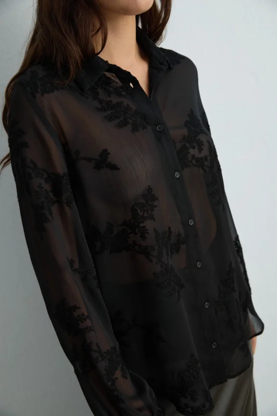 Embroidered Chiffon Shirt Black - 5