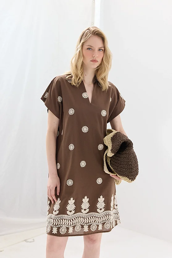 Embroidered Collared Cotton Dress - Brown - Gusto