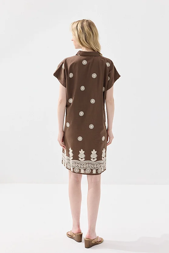 Embroidered Collared Cotton Dress - Brown - Gusto