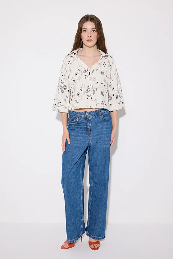 Embroidered Cotton Cropped Shirt - Black - 2